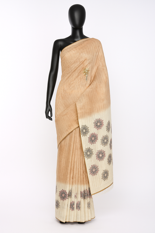 Beige Ombre Linen Saree with Floral Motifs