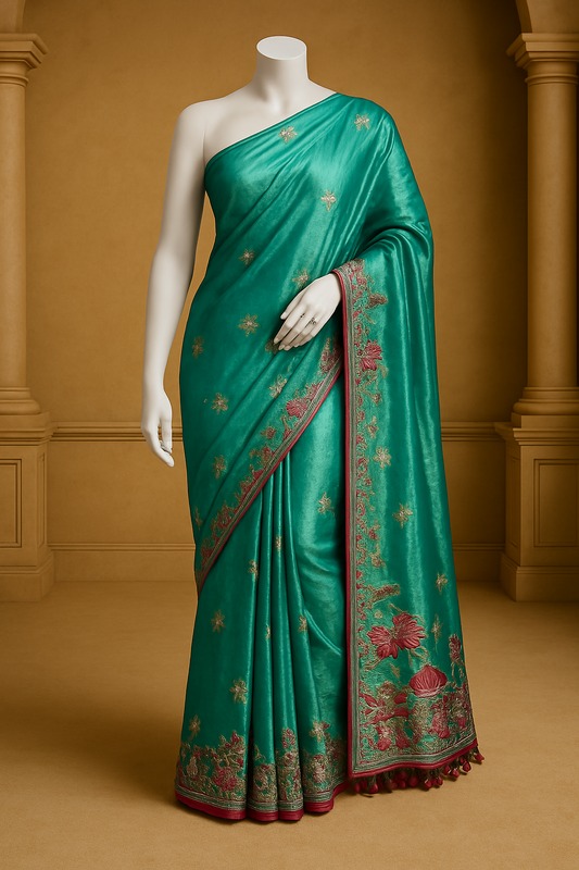 Green Silk Saree with Embroidered Border